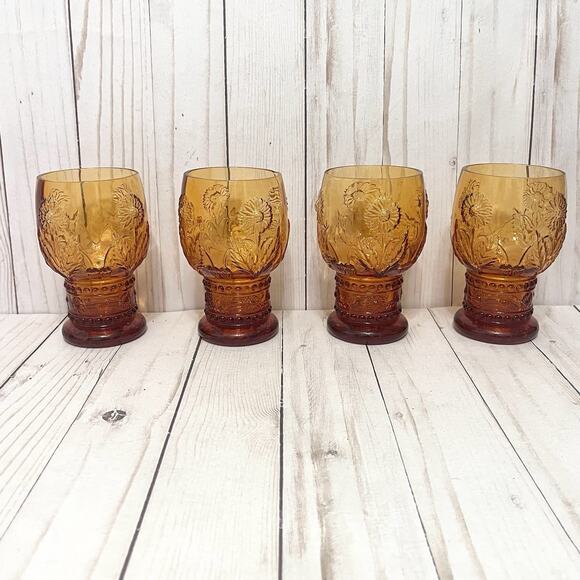Anthropologie Rare & Retired HELIANTHUS Amber Water Daisy Pedestal Goblets Set 4 - Picture 1 of 10